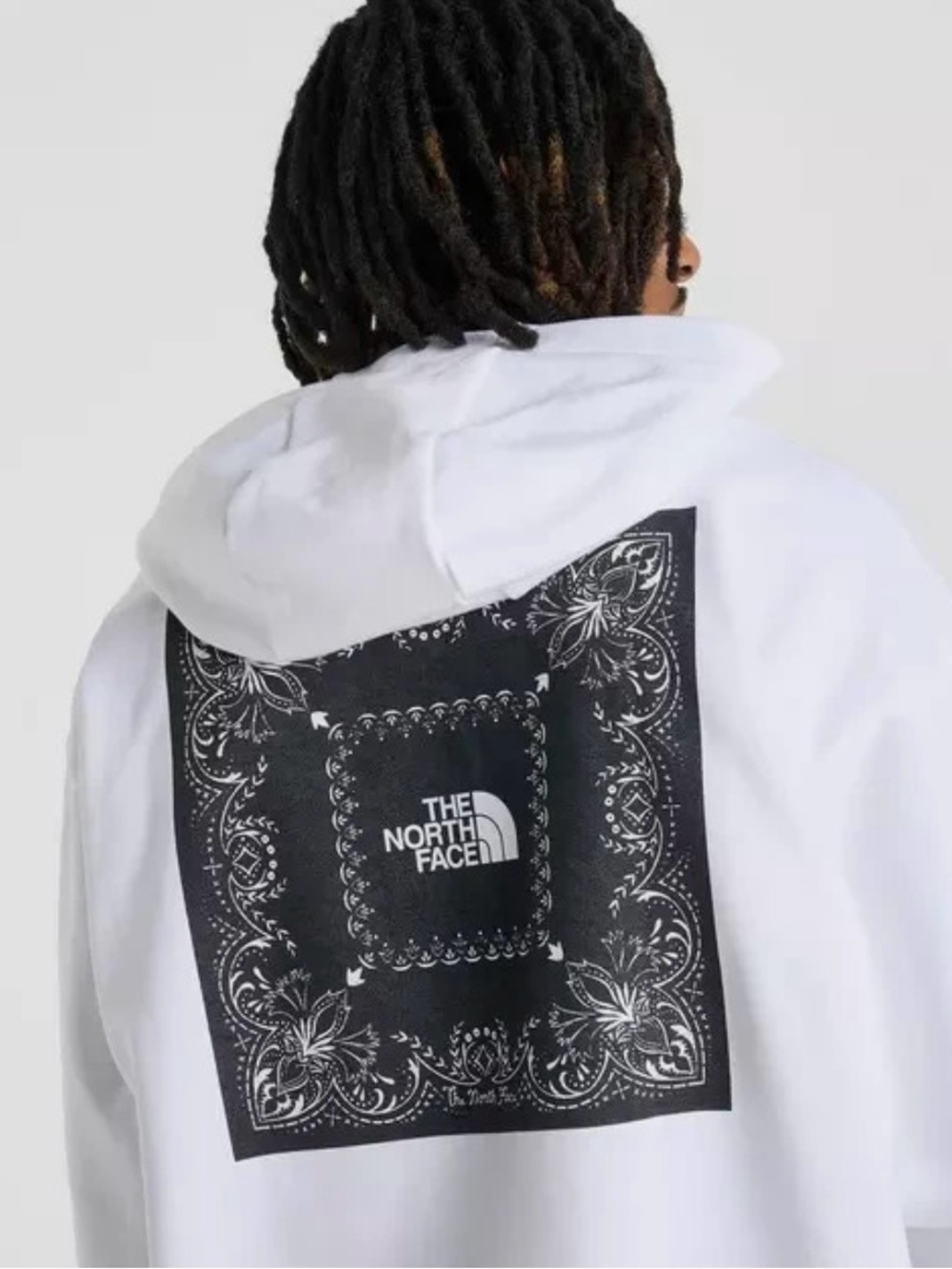 The North Face White Hoodie with Black Bandana Back Print Panel